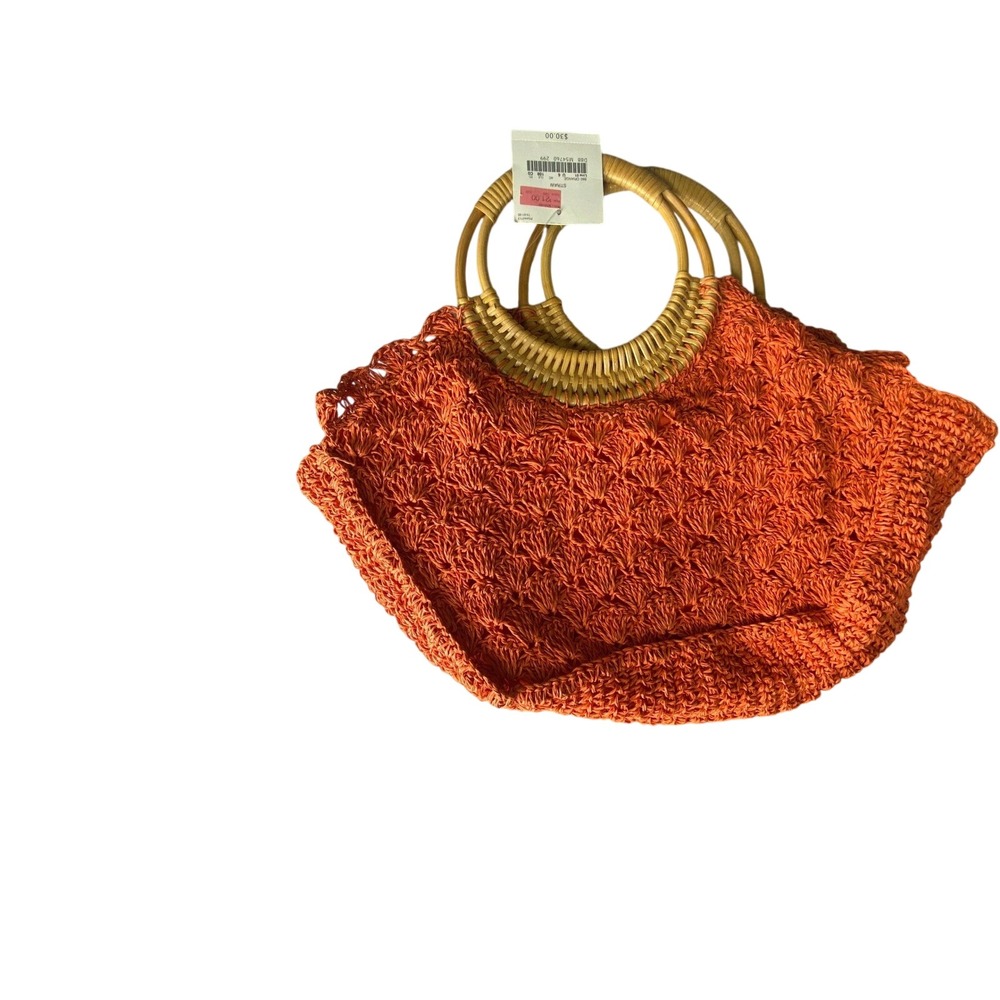 Straw Tote Bag Orange Woven Bamboo Handles